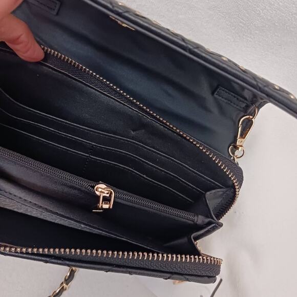 Badgley Mischka Quilted Wallet on a Chain Purse Black Crossbody Gold Studs Glam - Picture 11 of 16
